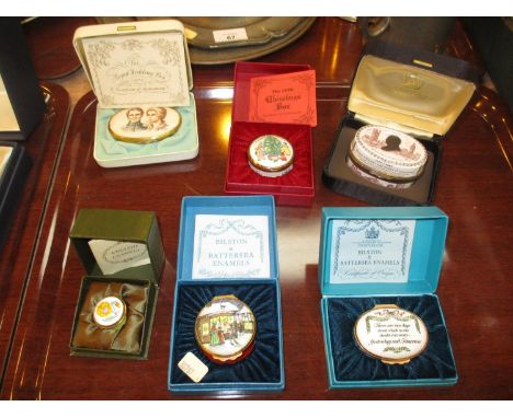 Halcyon Days Enamel Royal Wedding Box 1973, Bilston Enamel Churchill Centenary Box No. 213/500, 3 Other Bilston Enamel Boxes 