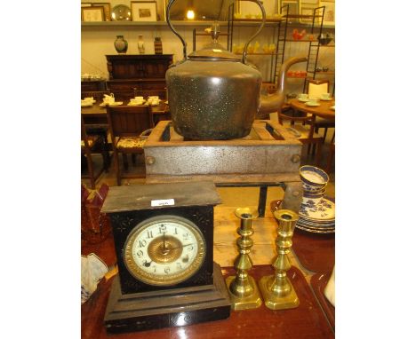 19th Century Metal Footman, Mantel Clock, Kettle and Pair of Candlesticks 