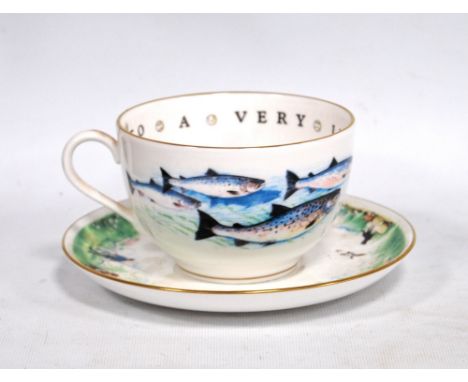 Royal Worcester VJP fishing breakfast cup and saucer, 7cm high.