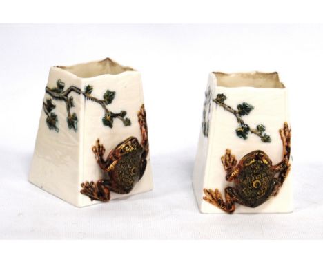 Pair of Royal Worcester porcelain posy vases modelled with frogs on branches, impressed marks, 8.5cm high. Condition Report 1