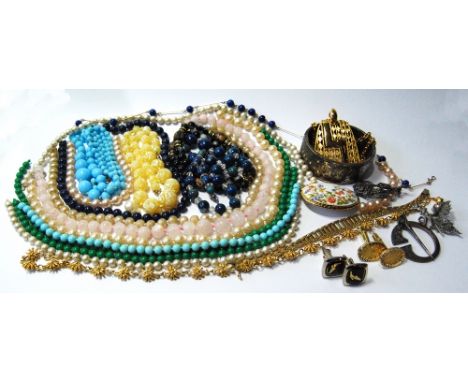 Silver hinged bangle, Birmingham 1883, a pennanular brooch, another, various beads and other items.