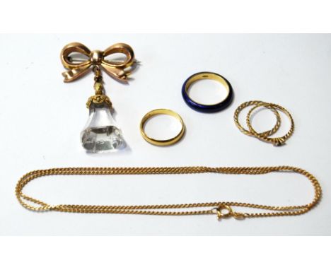 Victorian rock crystal seal, 'Mary Ann', with gold mount and bow brooch, a gold necklace, an enamelled band ring, '375', and 