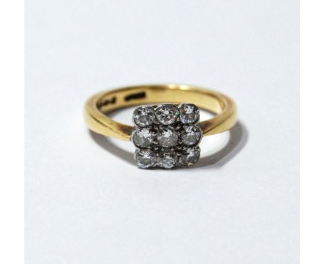 Diamond square cluster ring with nine pavé brilliants, each approximately .05ct, 18ct gold, 1920. Condition Report Size L