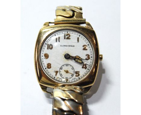 Gent's Longines 9ct gold watch of cushion shape with enamel dial, 1942. Condition Report Will go if it is 'nudged'.  Button m