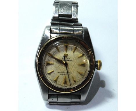 Gent's Rolex Oyster Perpetual stainless steel 'bubble back' with gilt bezel and Rolex button, no. 620455/5015, on later Rolex