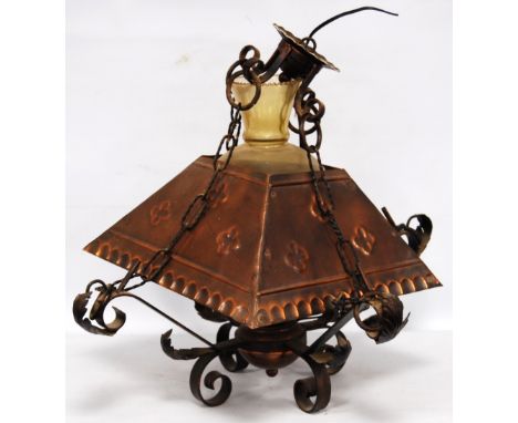 Arts & Crafts copper shaded oil ceiling light with acanthus scrolling arms and green glass shade.