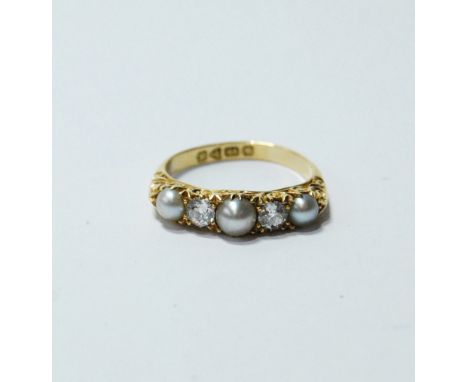 Edwardian five-stone half hoop ring with three pearls and two diamond brilliants in 18ct gold, Chester 1910. Condition Report