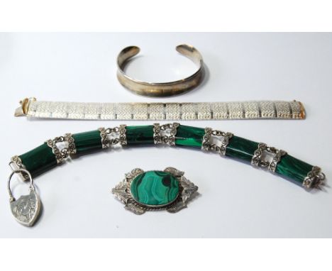 Malachite and silver bracelet, a similar brooch, a Danish silver bangle and a bracelet.