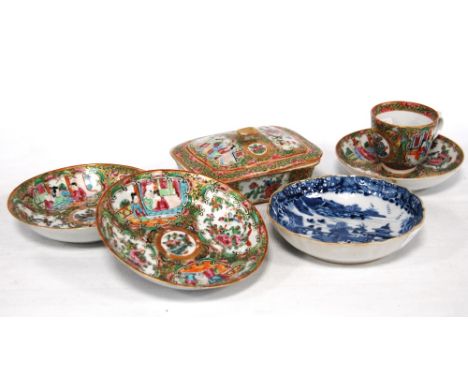 Group of Cantonese famille rose porcelain including a soap dish, cup and three saucers and a Chinese blue and white dish, 14c