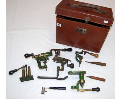 Carswell of Glasgow vintage tan leather shotgun cartridge case, initialled 'J.M.', together with a Schultze black powder meas