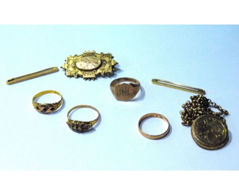 Garnet and pearl ring, 1871, three others and various other items, mostly 9ct gold. Condition Report Gross 27g