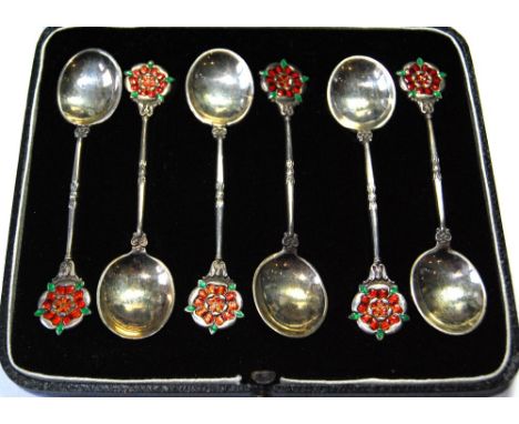 Cased set of six enamel silver rose finial coffee spoons, maker Alexander Clark, 9.5cm long.