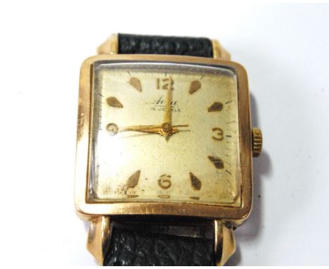Gent's Avia 9ct gold watch, square, with sweep seconds, 1951.