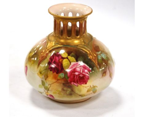 Hadley's Worcester vase with pierced gilt neck and rose decoration, H306, 12cm high.