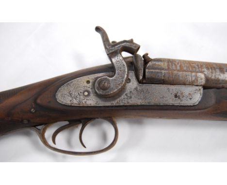 Victorian percussion punt gun with Damascene barrels and foliate scroll locks, by H. Allpurt & Sons of Cork, barrels 110cm lo