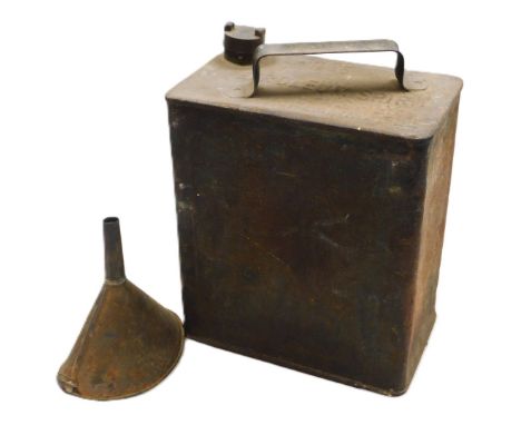 A War Department two gallon petrol can, with broad arrow and WD 1940, and a galvanized funnel. (2).