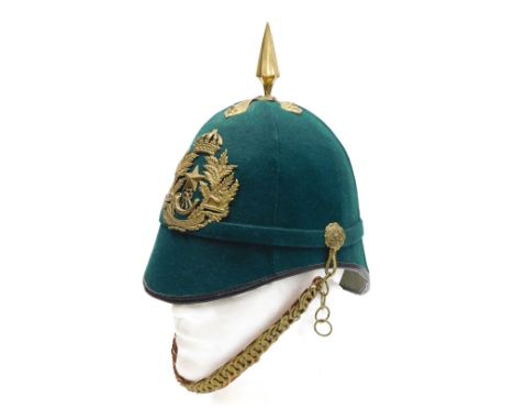 An early 20thC British Army green cloth helmet, with regimental badge for the Scottish Rifles, with chin strap. 