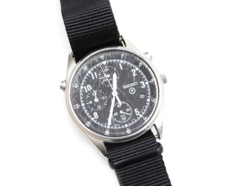A Seiko British military chronograph watch, in stainless steel case with black dial, three subsidiary hands and date, with lu