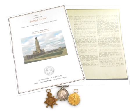 A WWI medal trio, comprising 1914-18 British War medal, 1914-15 Star and Victory medal (all lacking ribbons), inscribed to K.