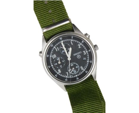 A Seiko British military chronograph watch, in stainless steel case with black dial, three subsidiary hands and date, with lu