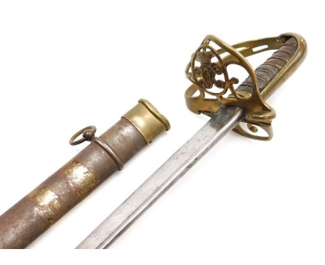 A Victorian British Army dress sword by R Mole, curved blade 82cm, with etched decoration and inscribed R Mole, with folding 