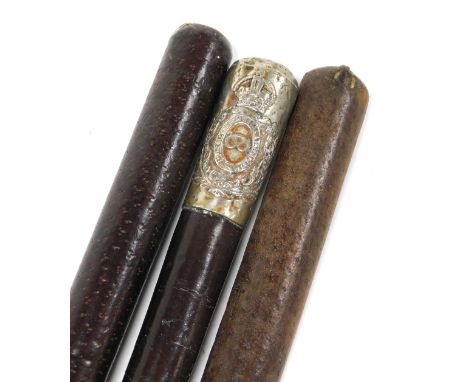 Three military riding crops, one with regimental crested terminal for the Queen's Own Staffordshire Yeomanry, early 20thC, an
