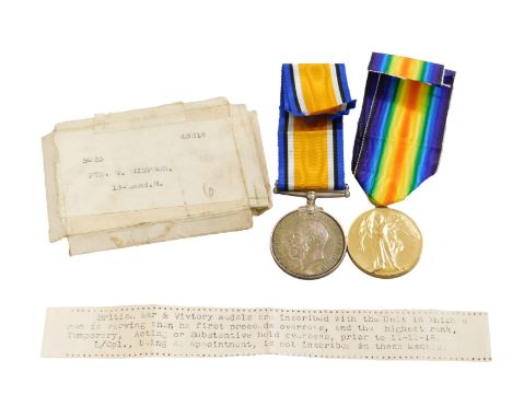 A WWI medal pair, inscribed 5023 Pte W Simpson 15-Lond R (London Rifles), with original boxes. 