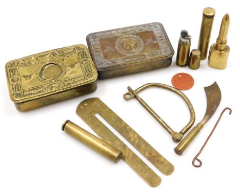 Two WWI Princess Mary brass gift tins, Christmas 1914 (both AF), a Player Bros brass button stick, ID (dog tag) for Second Li