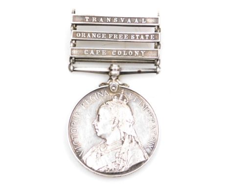 A Queen's South Africa medal, with clasps for Transvaal, Orange Free State, and Cape Colony, inscribed to 5238 Pte. R Fox, Se