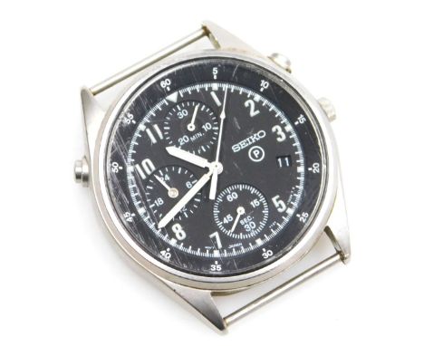 A Seiko British military chronograph watch, in stainless steel case with black dial, three subsidiary hands and date, with lu