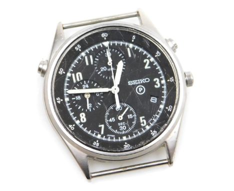 A Seiko British military chronograph watch, in stainless steel case with black dial, three subsidiary hands and date, with lu