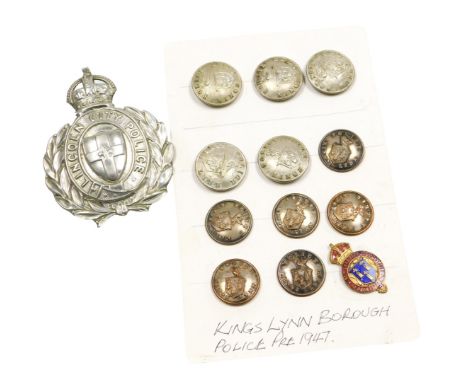 A Lincoln City Police helmet badge and King's Lynn police buttons, also King's Lynn Police enamelled Special Constable lapel 