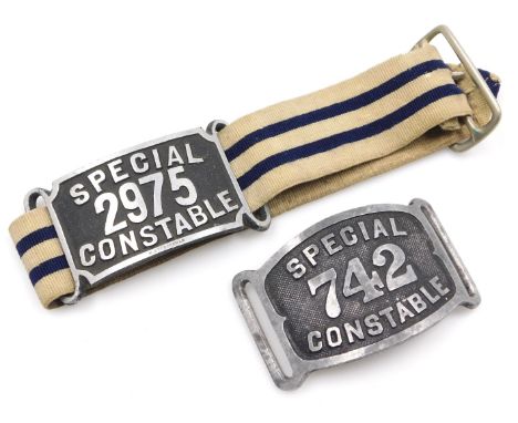 Two Police Special Constabulary alloy armband plates, one inscribed Special Constable 2975, by Hiatt &amp; Co, Birmingham, th
