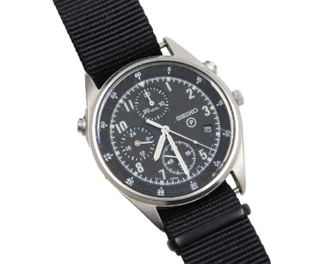 A Seiko British military chronograph watch, in stainless steel case with black dial, three subsidiary hands and date, with lu