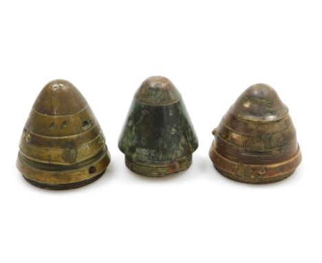 Three WWI brass artillery ordnance time fuse shell cones. 