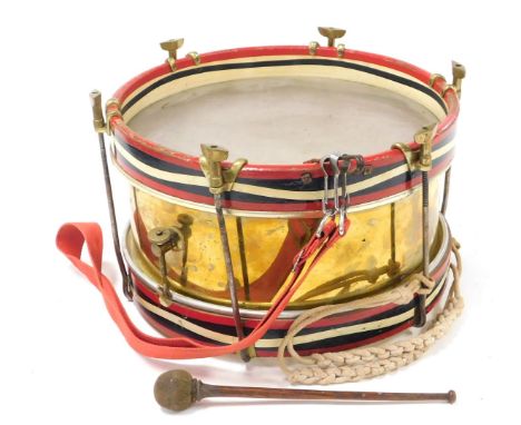 A military snare drum by Henry Potter and Co, with brass frame and fittings, painted striped banding and with strap and singl