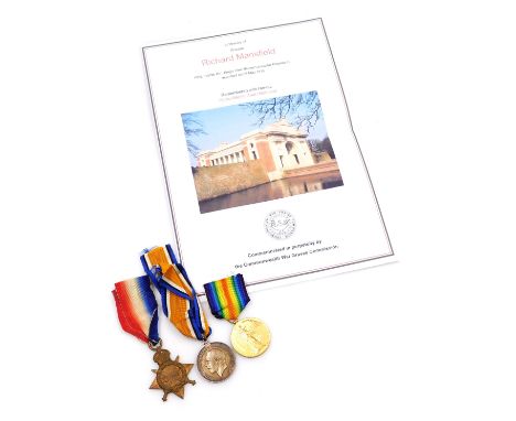 A WWI medal trio, comprising 1914-18 British War medal, 1914-15 Star and Victory medal, inscribed to T4-1604 Pte. R Mansfield