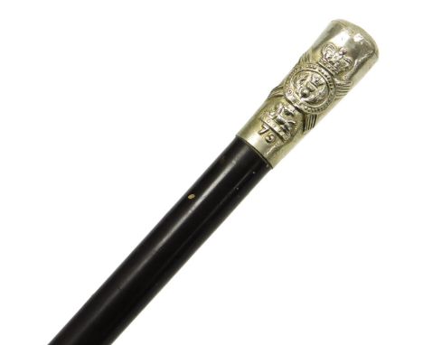 A WWI heavy dark Malacca cane swagger stick, with embossed white metal regimental knop and crest for The Queen's Own Cameron 