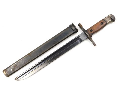 A Japanese Arisaka bayonet, with 27cm blade, marked M with an arrow and numbered 14701, with steel scabbard. 