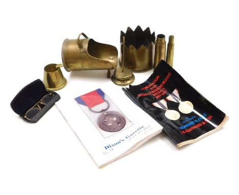 A WWI brass ordnance shell case trench craft, in the form of an engraved 18 Pdr case, scuttle, ashtray, etc. 