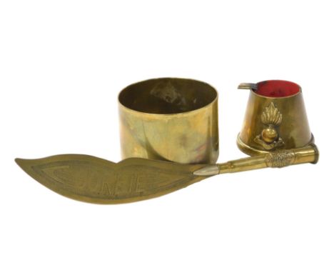 WWI trench art, including an artillery brass shell case ashtray, shell case brass bowl and bullet handled brass letter opener