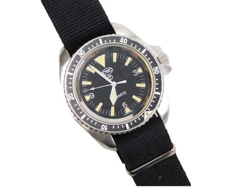 A CWC British Military quartz divers watch, stainless steel case, with black dial and bezel, luminous baton markers, the back