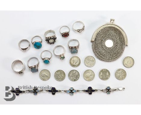Eight silver rings including turquoise, semi-precious stones, all size N, P and Q; two silver and synthetic opal rings size P
