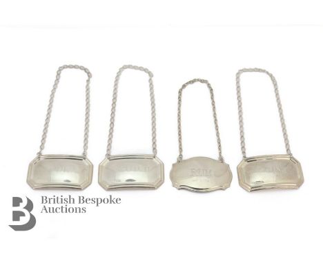 Silver spirit labels, Vodka, Gin and Scotch have Birmingham assay marks, W I Broadway dated 1996 and one Rum Birmingham assay