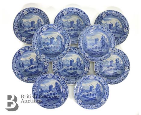 Spode blue and white meat plate, with gravy well, Italian landscape scene, approx 52 x 42 cms together with ten soup dishes a