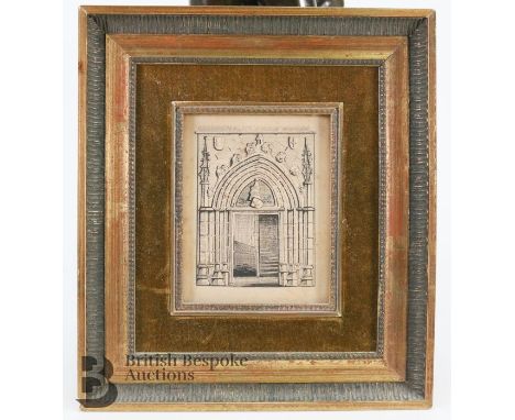 Manner of Edward Blore, 19th century architectural ink drawing of a medieval cloister door, monogrammed to the lower left cor