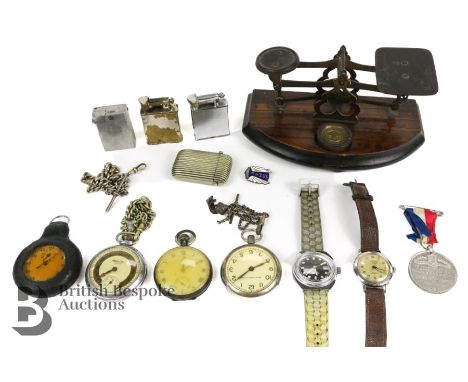 Miscellaneous items, including a vintage postal scale (one weight); three vintage vesta cases; BTD stop watch, Ingersoll Legi