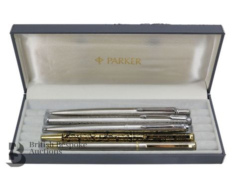 Collection of five pens including an engraved Parker ink pen, Parker propelling pencil, Parker roller ball together with two 