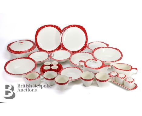 Midwinter Staffordshire porcelain red polka dot part dinner set, comprising teapot (af), milk jug, sugar bowl (af), cruet set