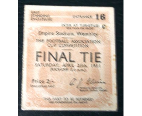 1931 FA CUP FINAL BIRMINGHAM V WEST BROMWICH ALBION TICKET
Some scuffing of bottom corner on back of ticket
&nbsp;
